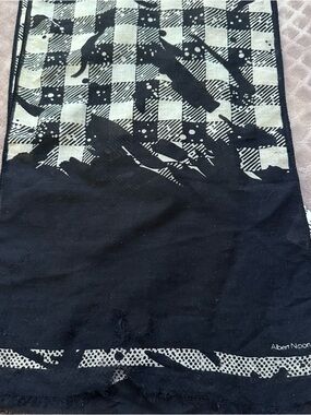 Albert Nipon Black and White Checkerboard Scarf with Border silk wool mix 10x56”